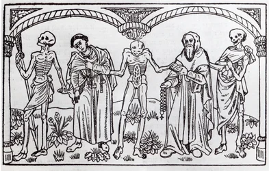 La Muerte llevándose al Monje y al Abad, de la Danza Macabra, publicada en París, 1485